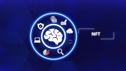 Futuristic NFT concept animation with digital token and glowing blockchain network elements. - Powered by Adobe