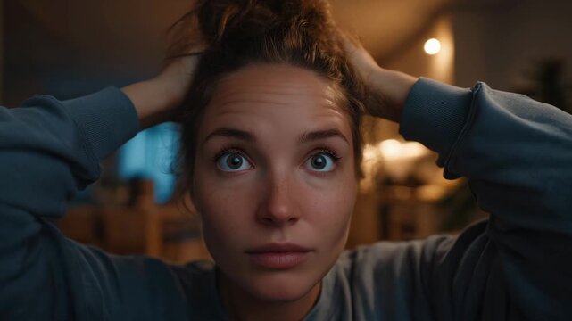 A young woman expresses confusion and stress while studying at home during the night, struggling with her thoughts and emotions