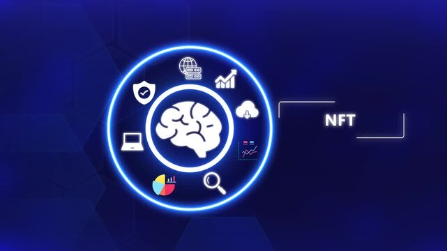Futuristic NFT concept animation with digital token and glowing blockchain network elements.