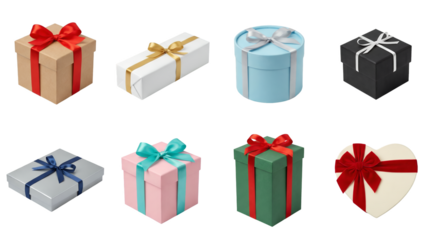 Gift box set including square, rectangular, round, and heart shapes with ribbons isolated. Assorted colorful present packaging collection.