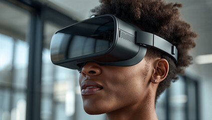Close-up of a young man wearing a black virtual reality headset in a modern indoor environment.