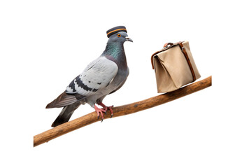 Carrier pigeon wearing delivery cap holding paper bag on wooden perch, isolated on a transparent background © Tanicsean