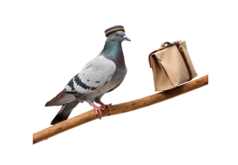 Carrier pigeon wearing delivery cap holding paper bag on wooden perch, isolated on a transparent background