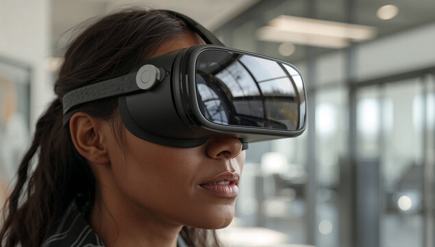 Professional woman wearing a virtual reality headset in a modern office environment - Powered by Adobe