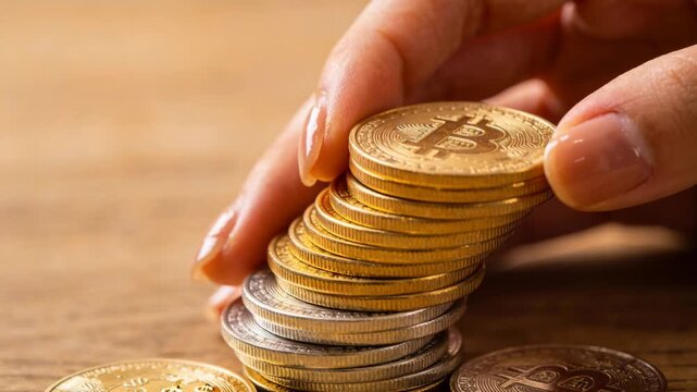 Hand stacking cryptocurrency coin stack golden bitcoin coin, finance and business growth, hand holding coin showing confidence