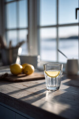 Minimalist lifestyle scene with a glass of water and lemon on a wooden table, bathed in serene morning light, evoking a peaceful morning routine