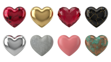 Heart shape set including gold, ruby, silver, concrete, matte pink, kintsugi, and patina metal textures isolated. Romantic 3d icons and symbols.