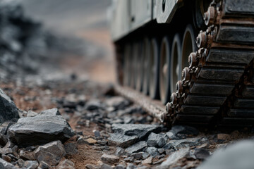 Low-angle, close-up shot of a tank's track mechanism and wheels moving over dark, rocky, and uneven ground, with a shallow depth of field.