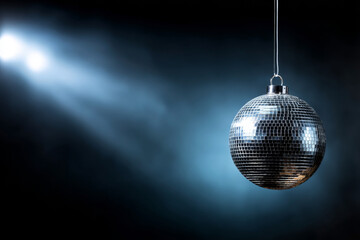 A hanging mirrored disco ball reflecting bright white light beams and colorful spotlights in a dark nightclub setting, creating a dynamic party atmosphere.