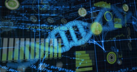 Displaying blue 3D DNA helix with glowing base pair nodes across virtual dashboard, with charts