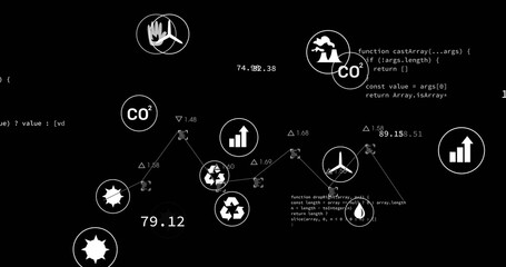 Displaying centered dataviz cluster with connected nodes on dashboard, showing CO2 badges and code