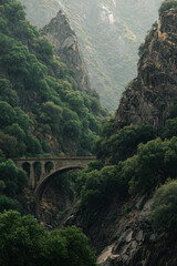 A conceptual wide-angle image of a bridge connecting two massive rocks across a vast chasm, depicting decline and loneliness.