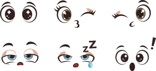 Fototapeta premium Cartoon Eyes Expressions Set Showing Various Emotions from Happiness to Anger and Sadness in Different Shapes and Styles on White Background