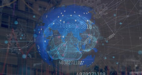 Projecting central 3D brain globe over trading charts with lock icon, numbers, nodes, hex panel