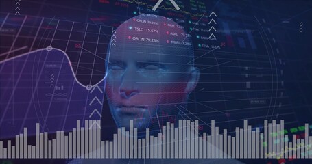 Showing 3D humanoid head and torso merging with grid and market charts in dashboard, with candles