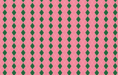 Xmas pink and green plaid texture. Argyle geometric diamond abstract pattern. Christmas design wrapping bg.  Pink geometric  geometric pattern. Red and green  rhombus pattern.  