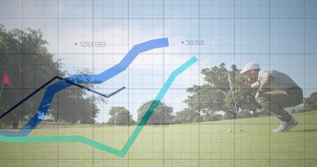 Crouching golfer in cap polo khaki addressing putt on green, with putter, balls, graphs, copy space