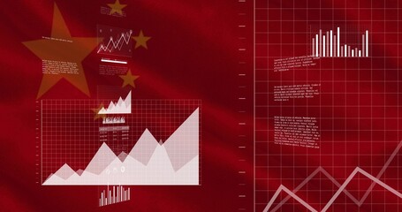 Displaying financial charts over red flag backdrop with large area chart, bar and line graphs, star