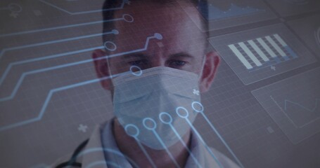 Analyzing doctor viewing digital medical data at clinic, surgical mask stethoscope white coat