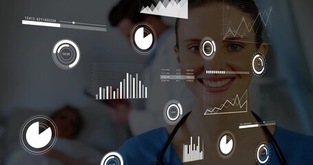 Smiling nurse in blue scrubs, stethoscope, talking with Dr holding tablet by bed, HUD, copy space