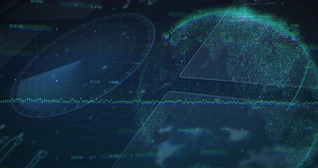 Rotating holographic particle globe on right over dark grid plane, showing dotted line, copy space