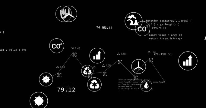 Displaying centered dataviz cluster with connected nodes on dashboard, showing CO2 badges and code