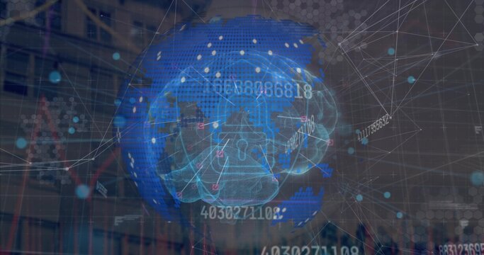 Projecting central 3D brain globe over trading charts with lock icon, numbers, nodes, hex panel - Powered by Adobe