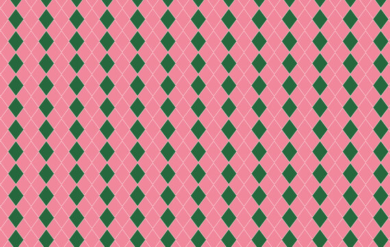 Xmas pink and green plaid texture. Argyle geometric diamond abstract pattern. Christmas design wrapping bg.  Pink geometric  geometric pattern. Red and green  rhombus pattern.  
