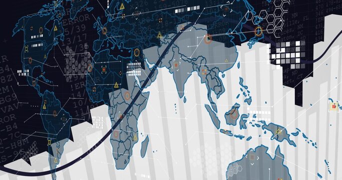 Displaying stylized world map with rising white bars in digital dashboard, showing orange markers - Powered by Adobe