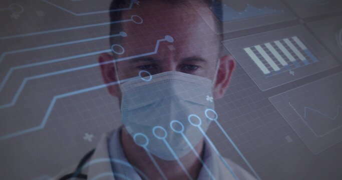 Analyzing doctor viewing digital medical data at clinic, surgical mask stethoscope white coat - Powered by Adobe