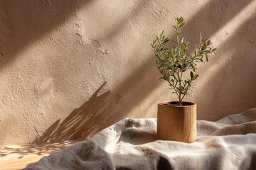 Soft natural light illuminates a tidy eco-friendly home corner with a single plant, neutral fabric textures, and wooden accents, creating a serene atmosphere