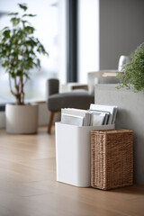 Bright minimal interior showcasing a modern recycling bin with sorted materials, soft natural lighting creating a calm and eco-conscious atmosphere