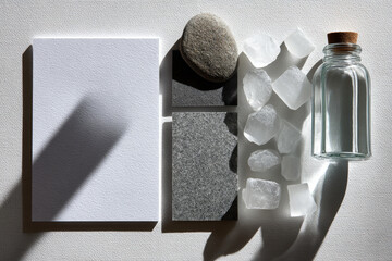 Elegant flat lay of natural materials arranged in a clean composition, featuring soft textures and colors, with ample copy space for creative use