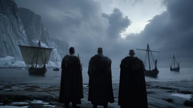 Three Vikings men stand on a rocky shore, watching ships anchored in cold waters against a backdrop of cliffs during dawn