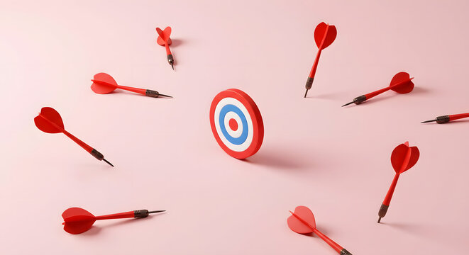 multiple red darts missing the bullseye on a pink background representing business failure poor strategy marketing mistakes and the challenge of hitting corporate goals and targets