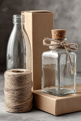 Premium still life composition showcasing eco-friendly packaging with a glass bottle, kraft paper box, and natural twine, enhanced by soft studio lighting