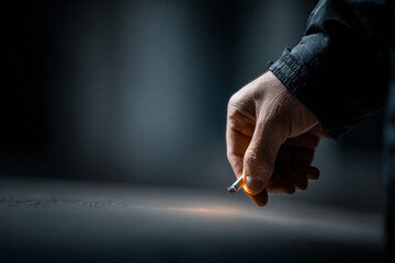 A hand holds a solitary cigarette in a premium minimal scene, emphasizing the struggle of addiction with cold lighting and a neutral background