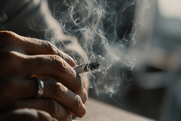 Close-up view of fingers grasping a cigarette, with smoke gently rising, creating a visual narrative of dependency