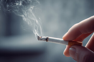 Close-up of fingers holding a cigarette with soft smoke rising, showcasing muted tones and a profound sense of dependency and discomfort