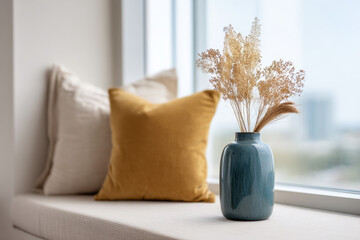 Modern living room showcases a white sofa with textured cushions and a decorative vase filled with dried flowers, enhancing the cozy ambiance of the space