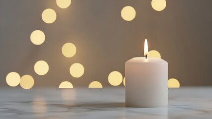 Minimalist white pillar candle burning on a marble surface with warm bokeh background light