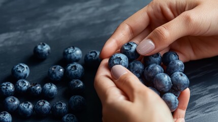 Hands are carefully holding fresh blueberries, emphasizing their rich color and texture, surrounded by scattered berries on a dark surface, illustrating the health benefits of antioxidants