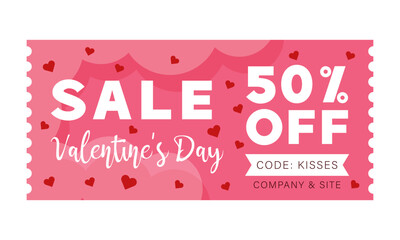 Valentine's day off sale discount coupon. Gift voucher template with hearts. Design for shopping promotion, marketing, websites, emails, or social media posts. Hand drawn vector illustration.