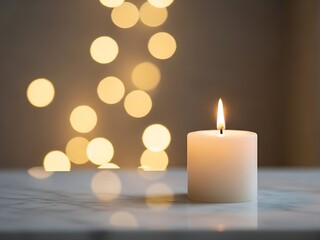 Minimalist white pillar candle burning on a marble surface with warm bokeh background light