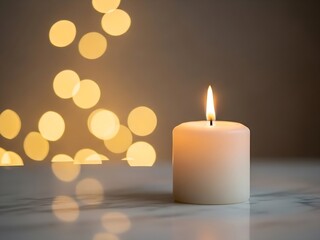 Minimalist white pillar candle burning on a marble surface with warm bokeh background light