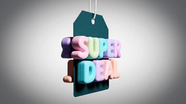 Captivating 'Super Deal' 3D text in colorful block letters on a hanging price tag, perfect for showcasing massive discounts, promotional offers, and special shopping events