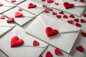 Assortment of white sealed envelopes scattered across a light surface adorned with numerous sparkling red hearts symbolizing love and romance