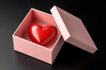 Shiny red heart sitting inside an opened pale pink gift box resting on a dark black background suggesting love and precious sentiment