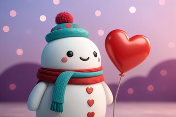 Adorable three dimensional cartoon snowman character wearing a colorful knit hat and scarf holding a shiny red heart balloon against a soft bokeh background