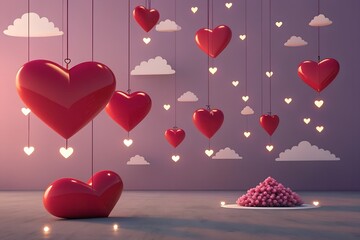 Beautiful deep red three dimensional hearts suspended by strings creating a romantic dreamy background with soft glowing lights and clouds
